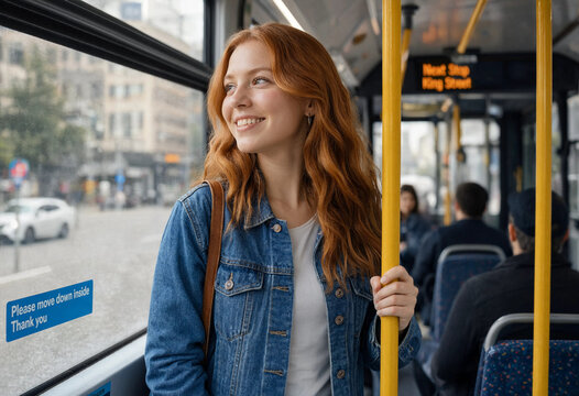 Red-haired woman smiles softly, holding a bus pole