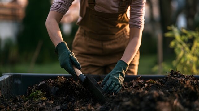 A person wearing overalls and gloves is turning dark soil in a raised garden bed with a small hand tool