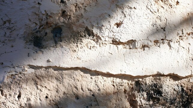 Close up of weathered plaster on stone wall showing cracks and natural texture under bright sunlight