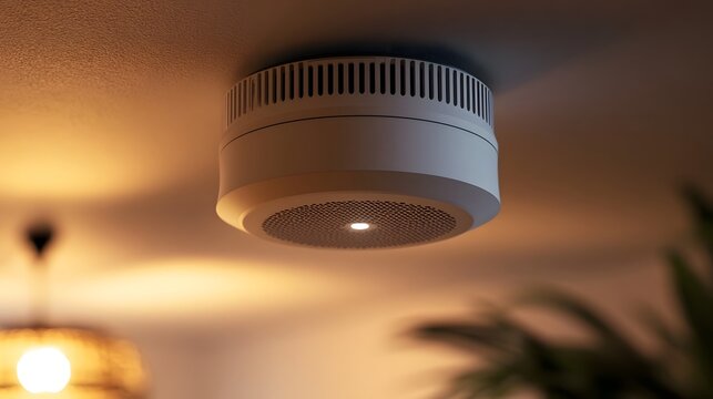 A white smoke detector mounted on a ceiling under warm ambient lighting with soft background blur