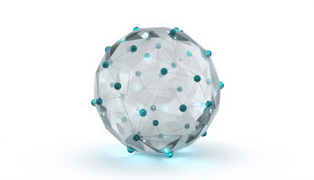 Transparent crystal sphere with cyan glowing points and connected network lines transparent ball cyan nodes abstract globe digital structure scientific model futuristic sphere glass sphere