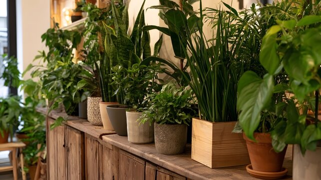 A row of lush green houseplants sits on a rustic wooden counter under soft ambient lighting