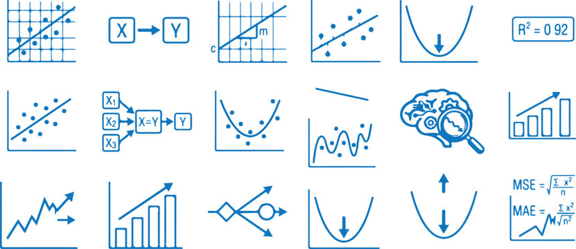  Supervised machine learning statistical regression modeling and predictive analytics blue sketch icon set