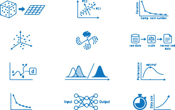 Principal component analysis PCA dimensionality reduction and machine learning concepts blue sketch icon set