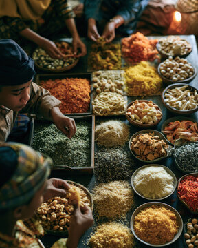 Hands carefully select spices from a vibrant spread