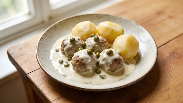 Overhead view of traditional German k&ouml;nigsberger klopse meatballs in caper sauce