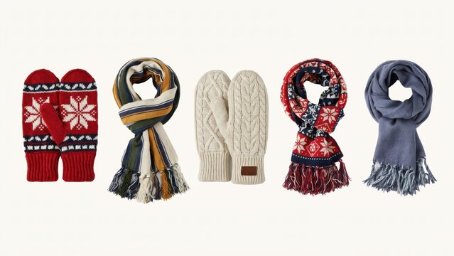 Winter accessories including patterned mittens and scarves isolated on white background
