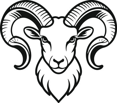  A single stylized Aries ram head with elegant curled horns and strong symmetrical facial contours, ultra clean vector line art, bold black outline only, thick stroke, single object, minimalist, cente