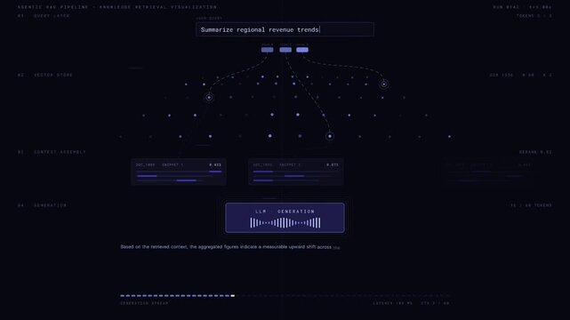 A detailed 4K visualization of an Agentic RAG pipeline demonstrating knowledge retrieval with animated query input and document embeddings on a dark background.