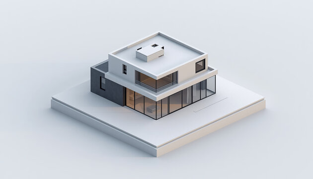 A small modern minimalist house isometric perspective, 3D model miniature