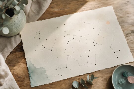 Handcrafted paper with celestial constellation map on wooden table. Decorative stationery for astrology hobby or cosmic themed wedding invitation.