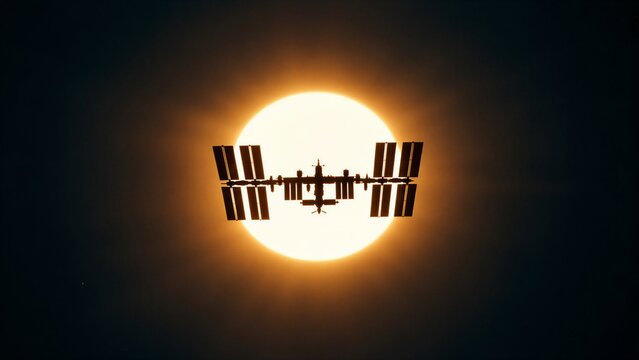 Silhouette of international space station transiting in front of sun. Orbital outpost in deep space.
