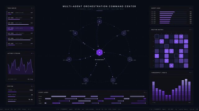Explore a cinematic animated dashboard of a Multi-Agent Orchestration Command Center featuring AI nodes, task-queue panel, and real-time data visualization in vibrant colors.