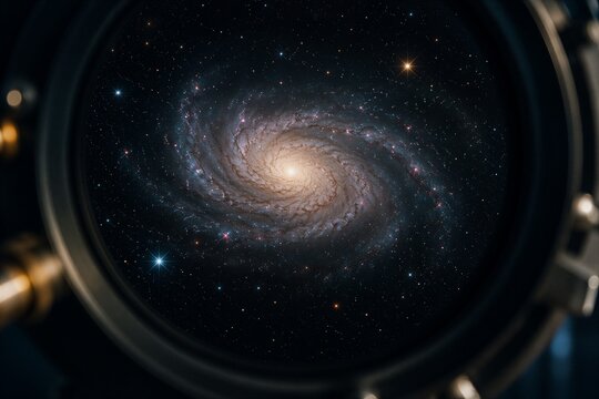 Spiral galaxy viewed through a telescope lens. Observation of deep space with stars and nebulae.
