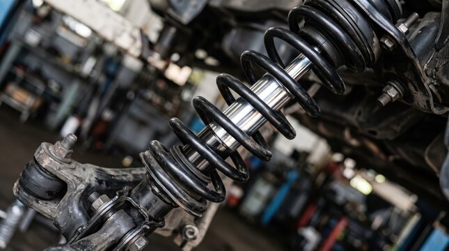 Close up view of car suspension system featuring black coil spring and shock absorber strut assembly in auto repair workshop, automotive maintenance for vehicle safety