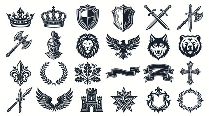 Fototapeta na wymiar Set of medieval heraldic vector icons featuring crowns, shields, swords, animal heads, and vintage decorative elements isolated on white background for crest or logo design.