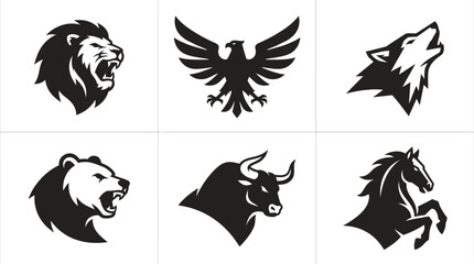 Fototapeta premium Collection of Professional Black and White Animal Head Logos Featuring Lion Eagle Wolf Bear Bull and Horse Symbols for Branding and Sports Mascots