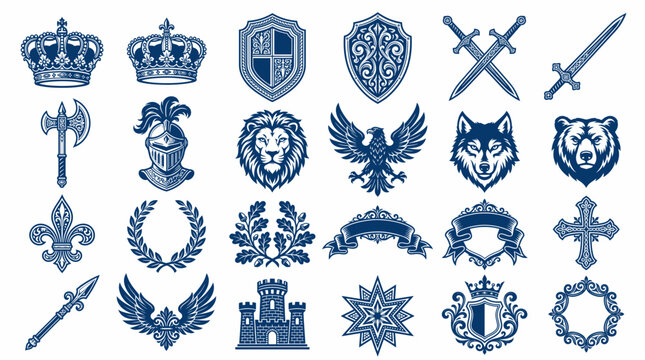 Set of Blue Medieval Heraldic Symbols and Royal Icons including Shields, Crowns, Swords, Knight Helmet, Lion, Eagle, and Wolf Crests for Vintage Graphic Design