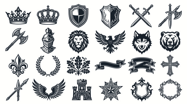 Set of medieval heraldic vector icons featuring crowns, shields, swords, animal heads, and vintage decorative elements isolated on white background for crest or logo design.