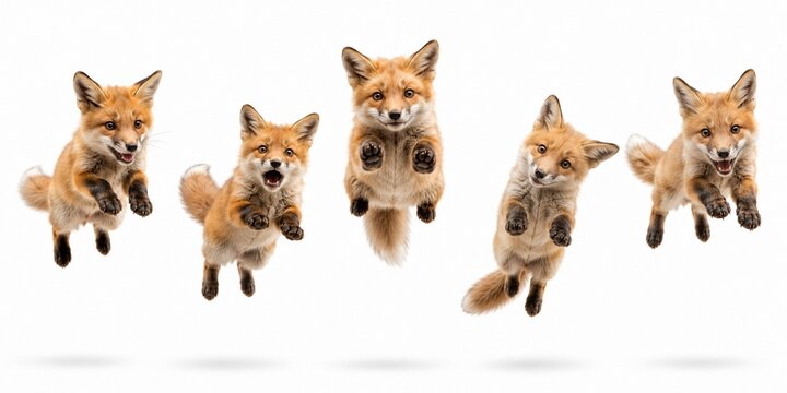 Five Cute Red Foxes Jumping on White Background