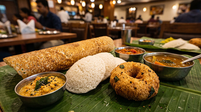 Traditional South Indian breakfast with dosa, idli, and vada on a banana leaf, served with sambar and chutneys in a warm restaurant setting.