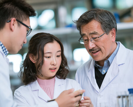 Three scientists in a lab collaborate closely