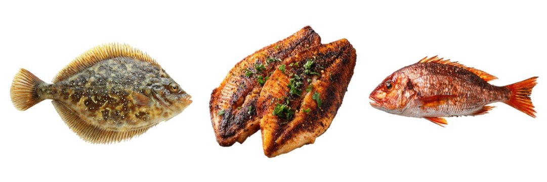 Roasted sea fish whole flounder mackerel snapper set isolated on transparent background