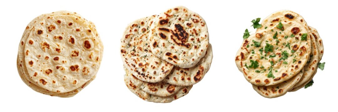 Indian flatbreads naan pita roti cooked bread set isolated on transparent background