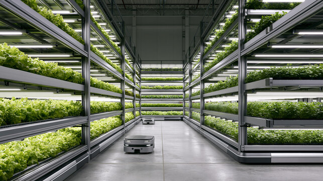 Automated vertical farm interior with green vegetable crops grow shelves and agritech robot indoor agriculture concept.