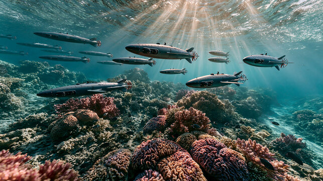 Fleet of autonomous unmanned underwater submarines swimming above coral reef with sunbeams penetrating clear ocean water.
