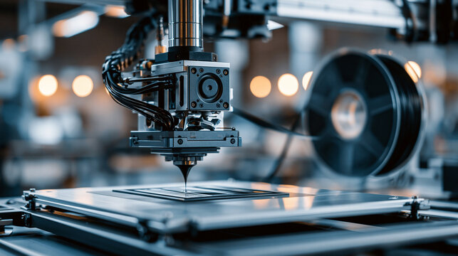 Macro shot of 3D printer nozzle head printing precision plastic prototype component on metallic bed plate in laboratory.