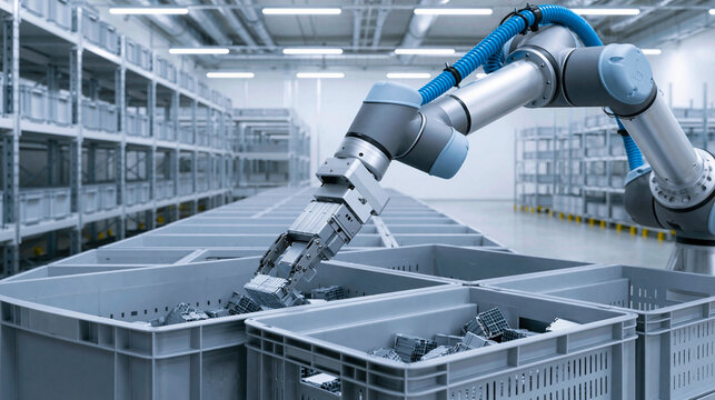 Robotic arm picking parts from plastic storage crates in automated modern warehouse sorting system.