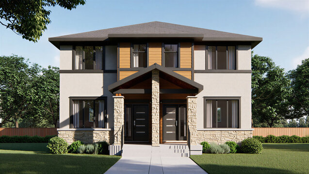Modern duplex house with stone and wood accents real estate two family architecture residential