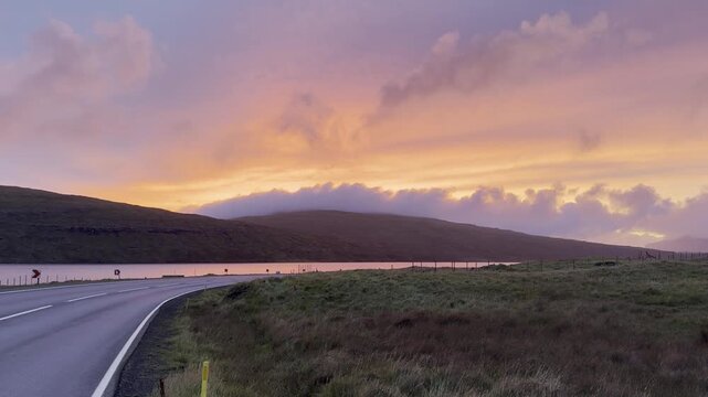 Scenic Road Along Ei&eth;isvatn at Sunset, Eysturoy, Faroe Islands