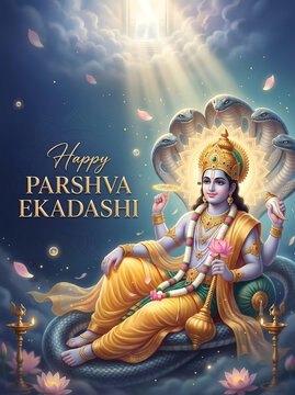 Divine hindu deity resting upon cosmic serpent celebrating sacred parshva ekadashi festival spiritual celebration art with massive serpent beneath