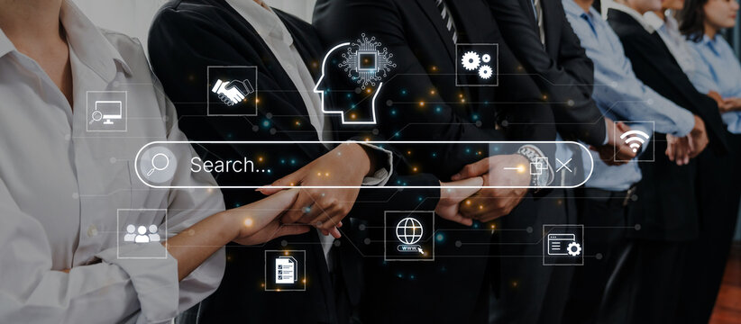 Artificial intelligence AI search concept enabling smarter discovery, recommendations to digital services and knowledge. Generative AI search engine algorithm provide user intent result. Corpus
