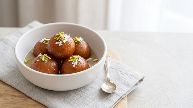 Elegant bowl of gulab jamun topped with pistachios and silver leaf, served on a bright, minimalist tabletop.