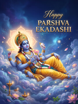 Divine blue deity resting amidst celestial clouds and glowing lotus flowers for auspicious parshva ekadashi celebration poster with cloud filled celestial atmosphere