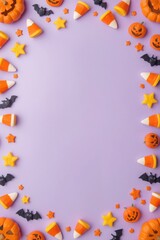 Fototapeta premium Halloween flat lay vertical composition with candy corn and pumpkins on purple background trick or treat still life halloween pumpkins celebration seasonal decorations top view copy space