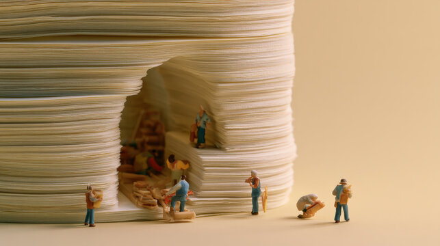 Tiny figures work beside a towering, layered structure