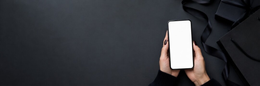 Woman holding smartphone with white blank screen for online shopping. Mobile device for e-commerce, digital payment and advertising. Black Friday sale concept with shopping bags background.