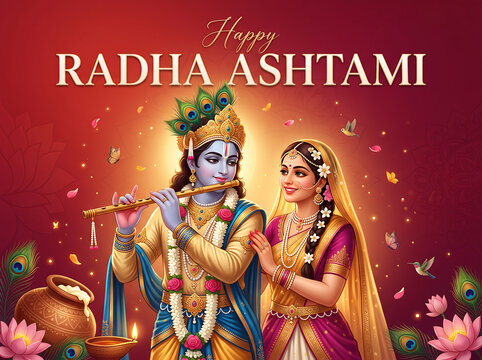 Divine couple celebrating traditional indian festival radha ashtami with flute with male playing flute female smiling surrounded lotus flowers butterflies
