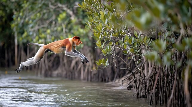 Proboscis Monkey Leaping Across Mangrove River in Borneo Rainforest