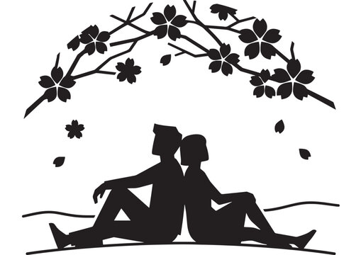 Couple Embracing Beneath Cherry Blossom Branches, a Romantic Illustration for Springtime and Intimate Moments.