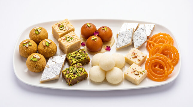 Various traditional Indian sweets including Gulab Jamun, Jalebi, and Laddu on a white plate for festive celebrations.