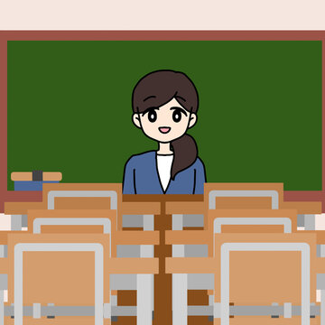 Cartoon female teacher in classroom