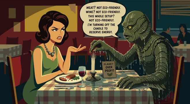 Annoyed woman on restaurant date with swamp monster lecturing about eco friendly lifestyle comic illustration