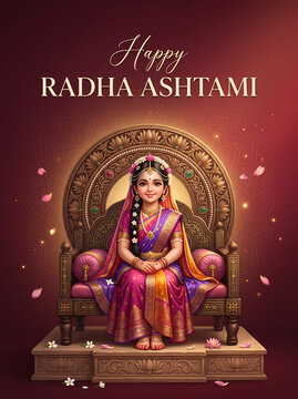 Young divine goddess seated upon ornate golden throne celebrating traditional hindu festival radha ashtami festive celebration