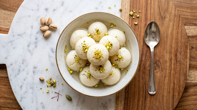 Authentic Rasgulla sweets garnished with chopped pistachios and saffron, served on a marble and wood platter.