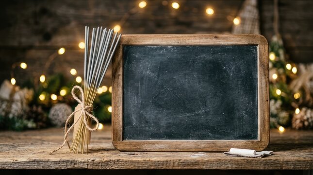 Rustic wooden chalkboard stands beside sparkling holiday sparklers against soft golden blurred festive bokeh Christmas lights